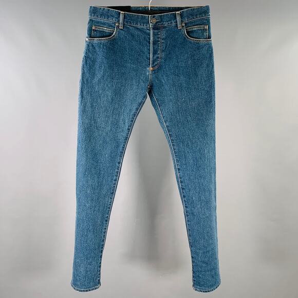 BALMAIN Size 32 Blue Contrast Stitch Cotton Blend Skinny Button Fly Jeans - Picture 1 of 9